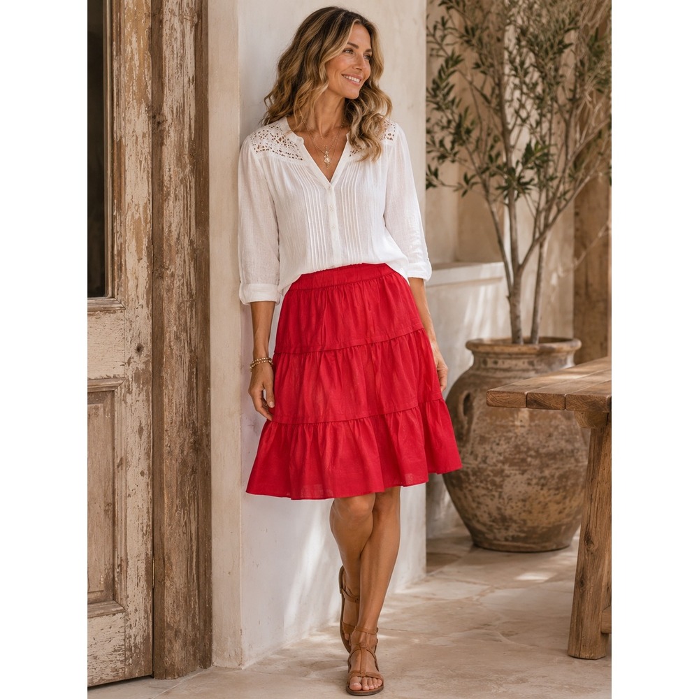 Soft Surroundings Skirt Womens XL Red Linen Blend Tiered Elastic Waist Boho New